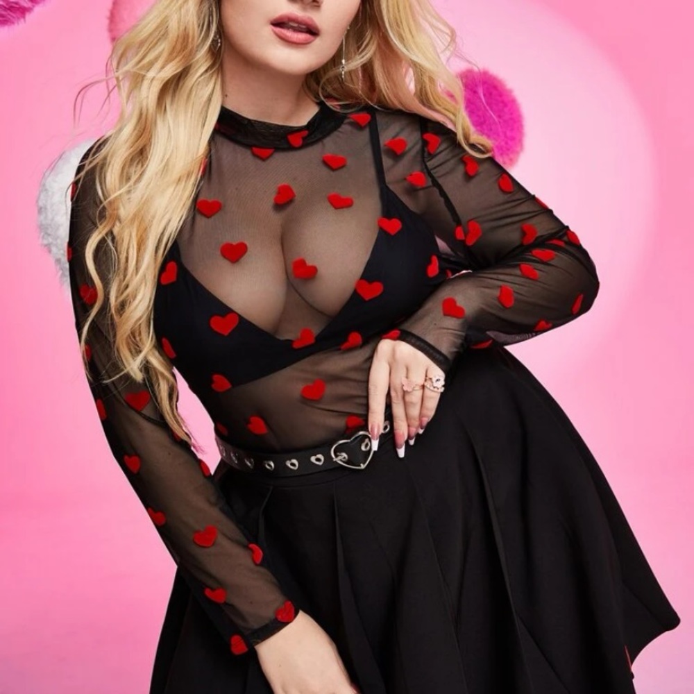 New Plus Mock Neck Velvet Velour Heart Print Mesh Top Without Bra Red Black